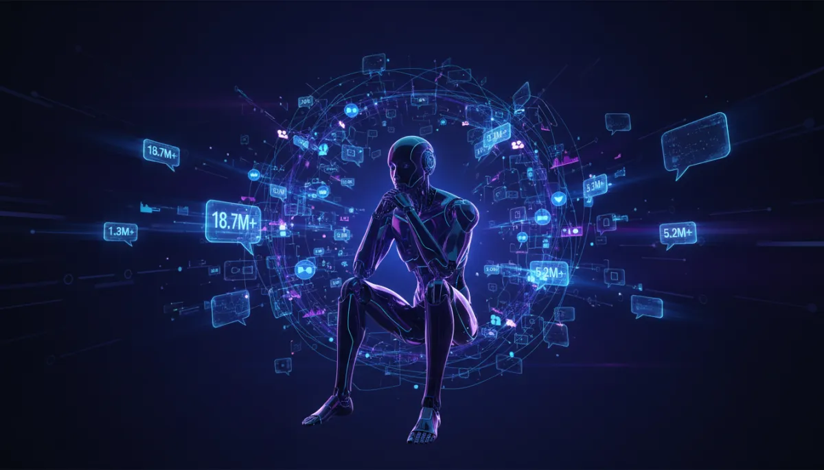 photorealistic futuristic AI robot silhouette sitting at the center of a glowing web of chat bubbles and abstract social media platform shapes, electric blue and purple glow on a dark background, multiple message bubbles lighting up and converging toward the robot, speed lines suggesting instant response, holographic 18.7M+ numbers floating around