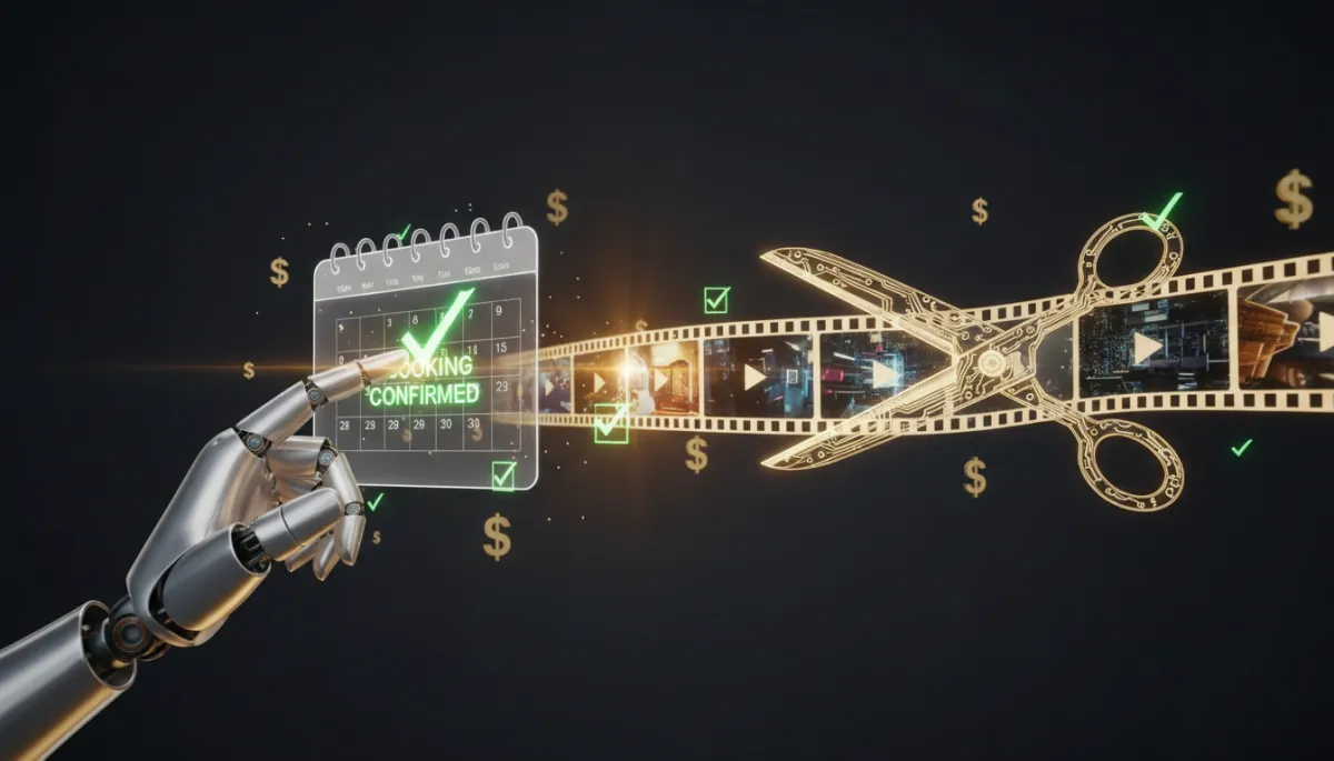 photorealistic split composition, left side a sleek metallic robotic arm tapping a glowing holographic calendar with a bright booking confirmation checkmark, right side digital scissors icon slicing through a stream of glowing video frames and filmstrip, floating gold dollar signs and green checkmarks around, dark #0a0a0a background with warm gold and white cinematic lighting, futuristic but clean, 8K quality, no text or logos