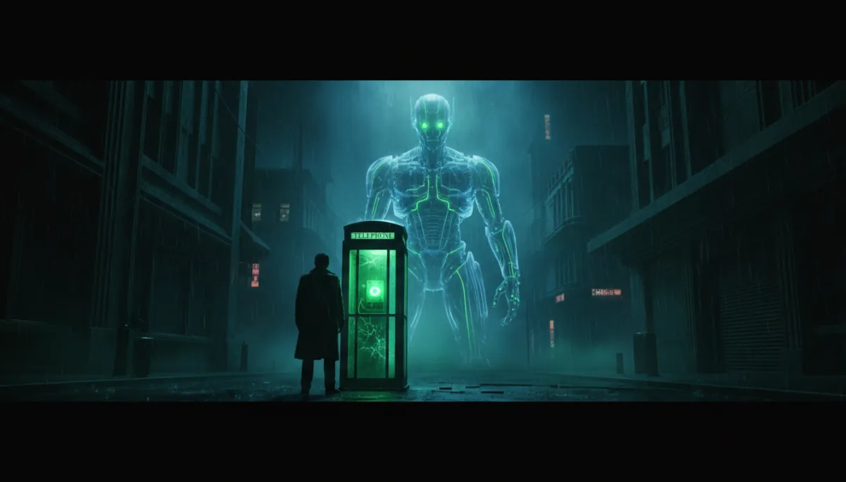film noir + futuristic scene of a shadowy silhouette standing in front of an old telephone booth in a dark alley, the phone inside glowing electric green, a massive holographic AI robot figure towering above in the mist with deep blacks, electric greens and cold blues, ultra-cinematic 8K, dramatic chiaroscuro lighting