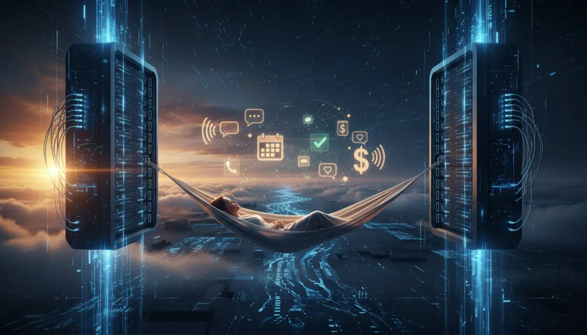 A premium hammock strung between two glowing server towers in a dark digital landscape, relaxed person in the hammock with eyes closed while floating holographic AI icons like chat bubbles, calendar checkmarks, dollar symbols, and phone waves orbit around them autonomously doing the work, warm amber sunset colors against cold blue-black digital background, conceptual digital art, premium poster aesthetic