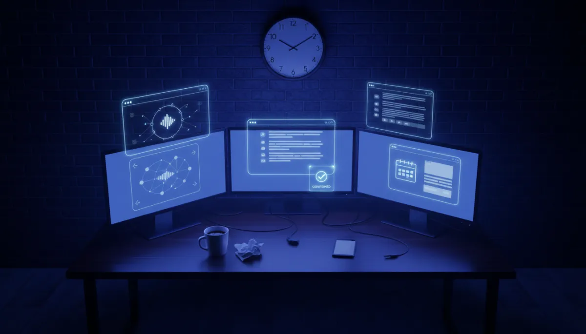 overhead shot of a dark home office at 3 AM, photorealistic, blue and purple AI glow from multiple monitors and a phone, holographic windows floating above screens showing calls being answered, messages being sent, bookings confirmed, content being clipped, a cold coffee mug on the desk, wall clock frozen at 3:00 AM, cinematic moody lighting, the whole room lit only by the AI glow