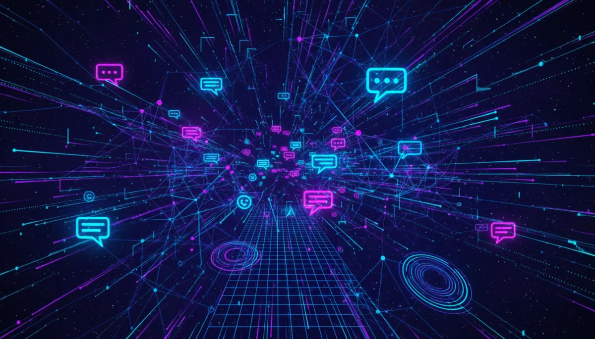 bold vibrant digital tech illustration of abstract AI conversation with glowing neon chat bubbles floating in a neural network grid, electric blue and violet data streams, pulsing signal waves radiating outward on a dark deep-space background, no humans, no faces, no text, ultra HD 8K, 16:9