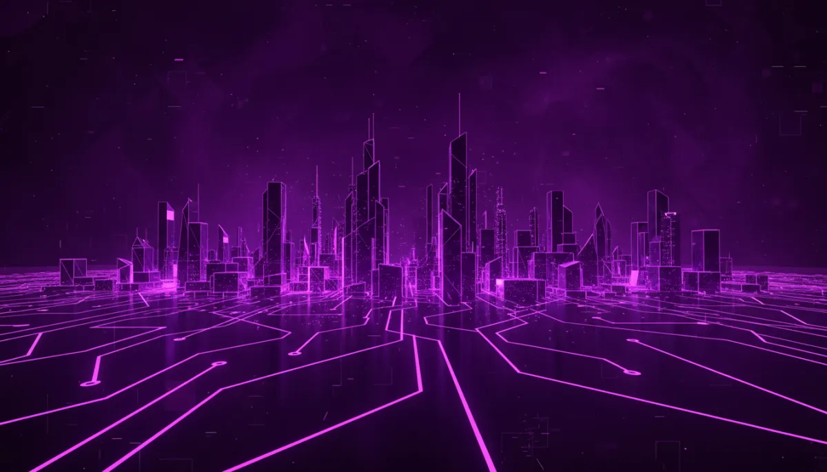 dark purple and electric neon purple abstract digital geometric circuit landscape, sharp lines and glowing nodes forming the outline of a city skyline, premium agency-level 3D render, no humans