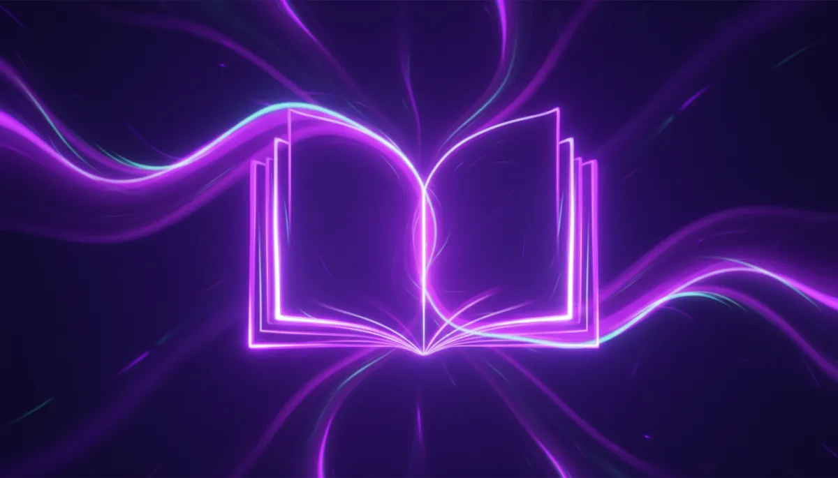 abstract deep purple and electric violet swirling light beams forming a glowing book-shaped portal in the center, high-contrast, no humans, premium abstract illustration