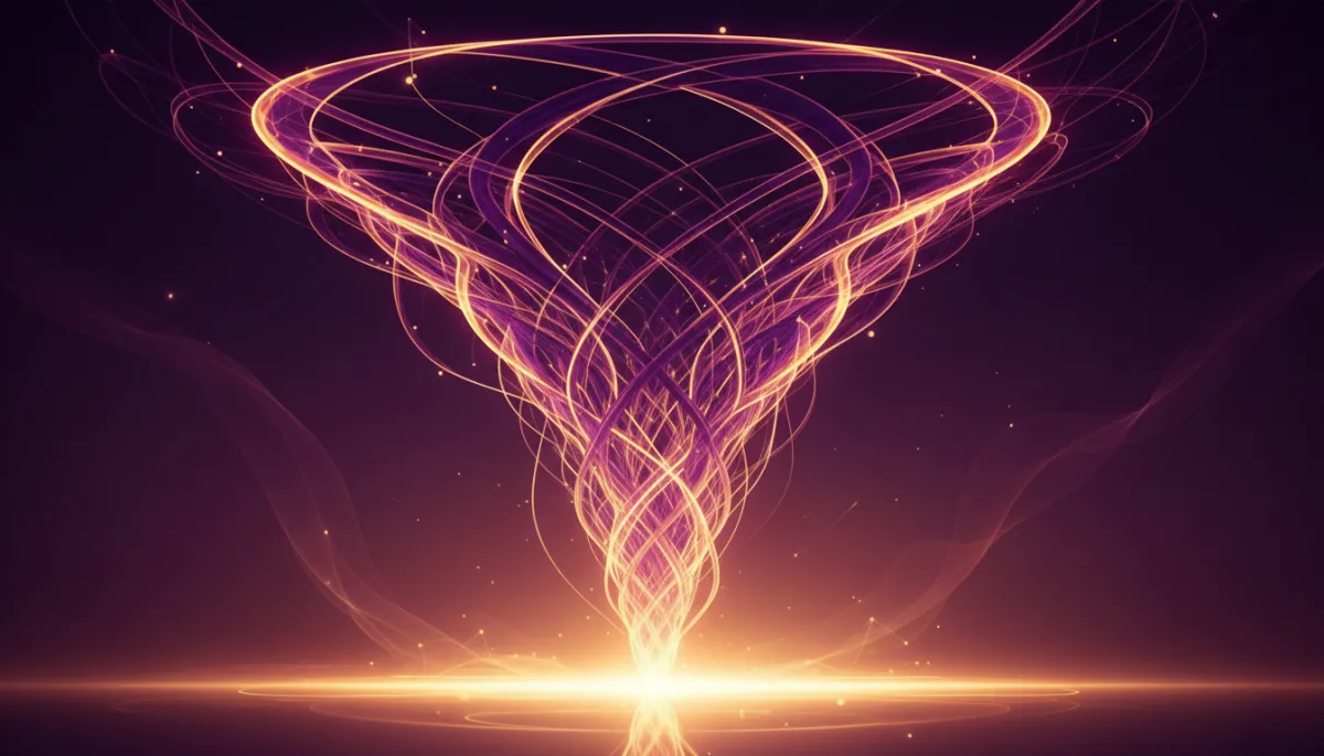 rich purple and gold abstract funnel made of glowing lines and nodes, flowing downward into a bright pool of light, no humans, premium quality, abstract funnel/network/growth visuals style