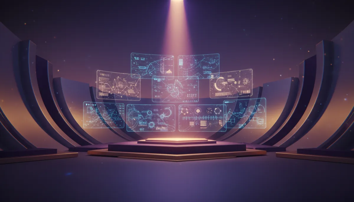 premium 3D abstract stage with a single glowing spotlight in purple and gold tones, sleek screens floating in the background suggesting data and automation, no humans, cinematic lighting, abstract stage/spotlight/presentation visuals