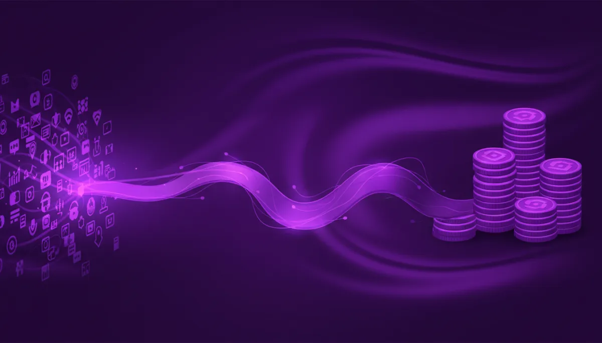 premium abstract bridge made of deep purple and electric violet light, flowing from a cluster of glowing content icons on the left to stacks of stylized digital coins on the right, smooth gradients and clean abstract bridge pathway conversion flow visuals