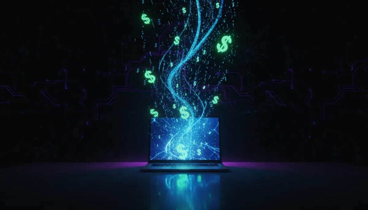 cinematic, high contrast, dramatic scene of a single glowing laptop on a dark reflective desk, streams of neon data and digital dollar symbols exploding upward from the screen into the darkness, strong light-and-shadow contrast, subtle violet glow as accent only, no human figures, bold scroll-stopping composition