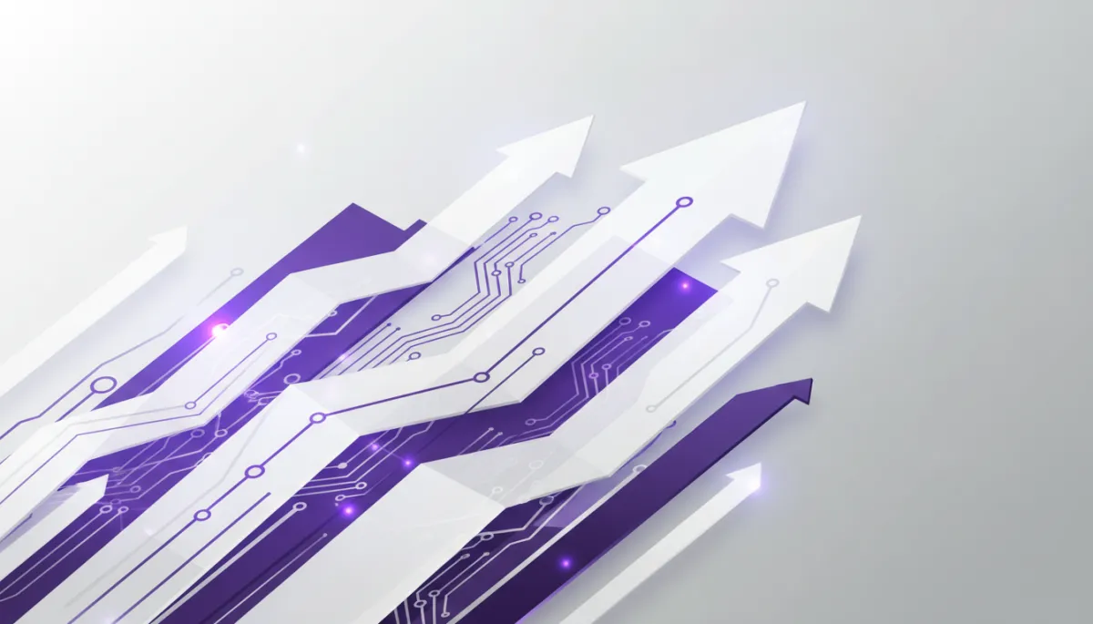 Abstract business growth charts and circuit overlays in deep purple and white