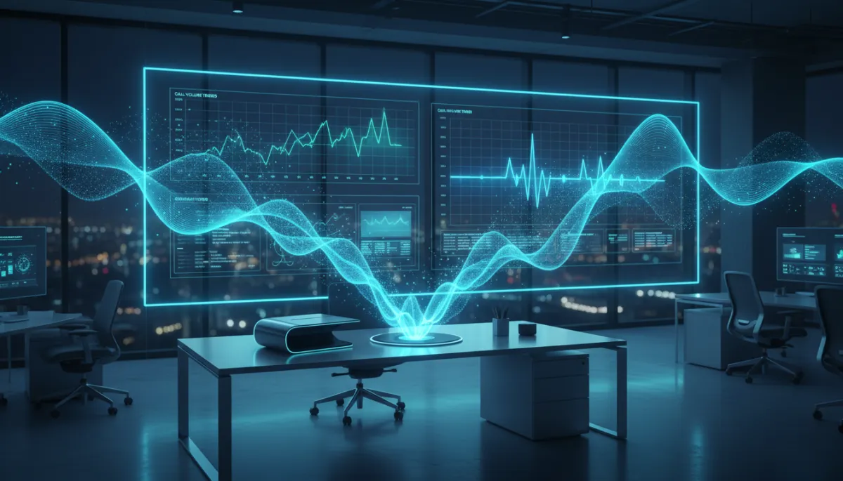 photorealistic modern tech office at night, glowing holographic sound waves flowing into a sleek AI voice console, large digital screens showing call analytics and speech waveforms, cool blue and teal lighting, no humans present