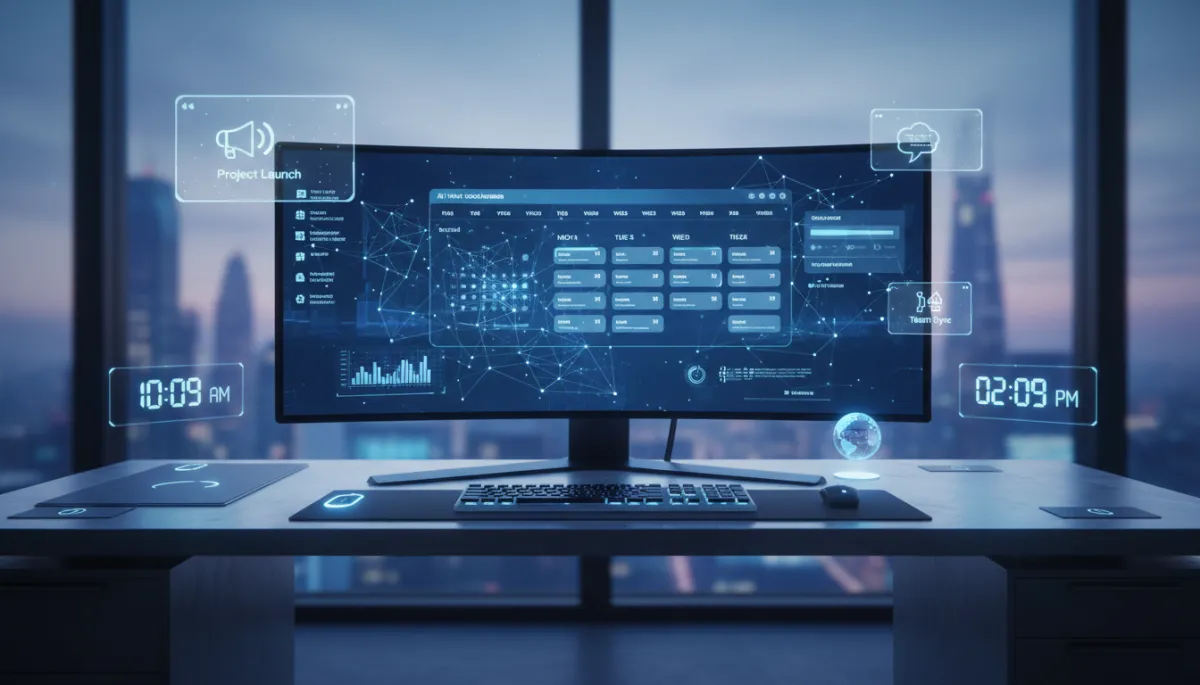 photorealistic modern tech office desk with large curved monitor displaying a glowing AI-powered digital calendar and automated scheduling dashboard, futuristic clocks and subtle holographic reminders in cool blue tones, no humans visible
