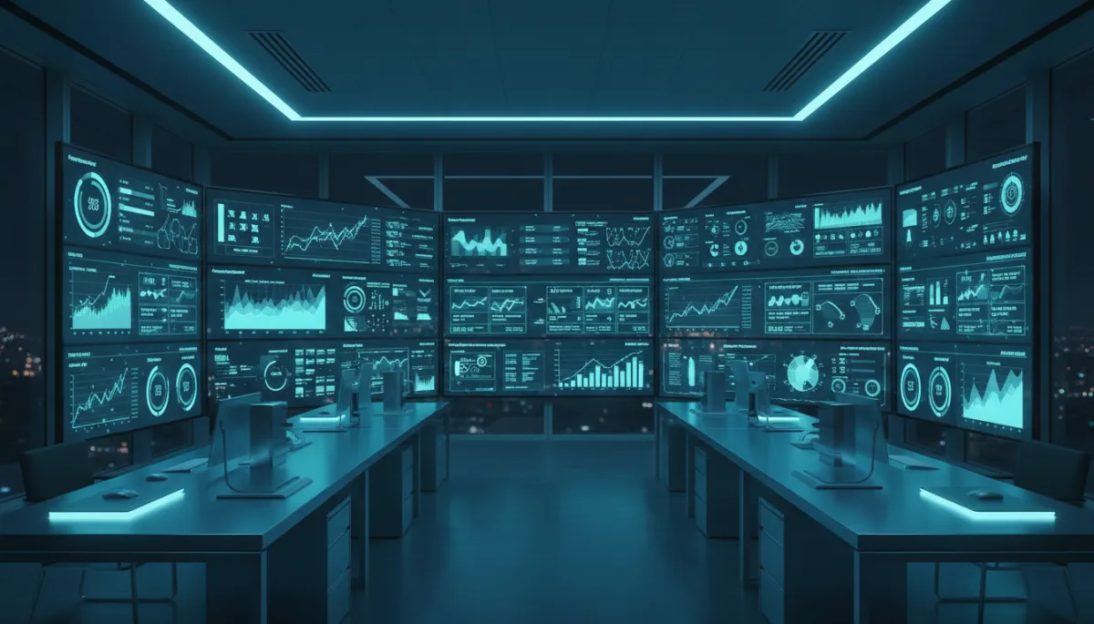photorealistic modern tech office at night with glowing multi-screen AI marketing dashboard showing email metrics, social media analytics, SEO graphs, and ad ROAS charts in a cool blue and teal color palette, no people, sleek futuristic hardware