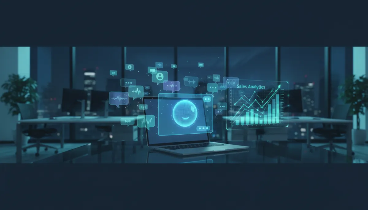 photorealistic modern tech office at night with a glowing holographic chatbot interface floating above a sleek laptop, digital conversation bubbles and sales analytics charts hovering in the air, cool blue and teal lighting, high-detail, modern AI aesthetic
