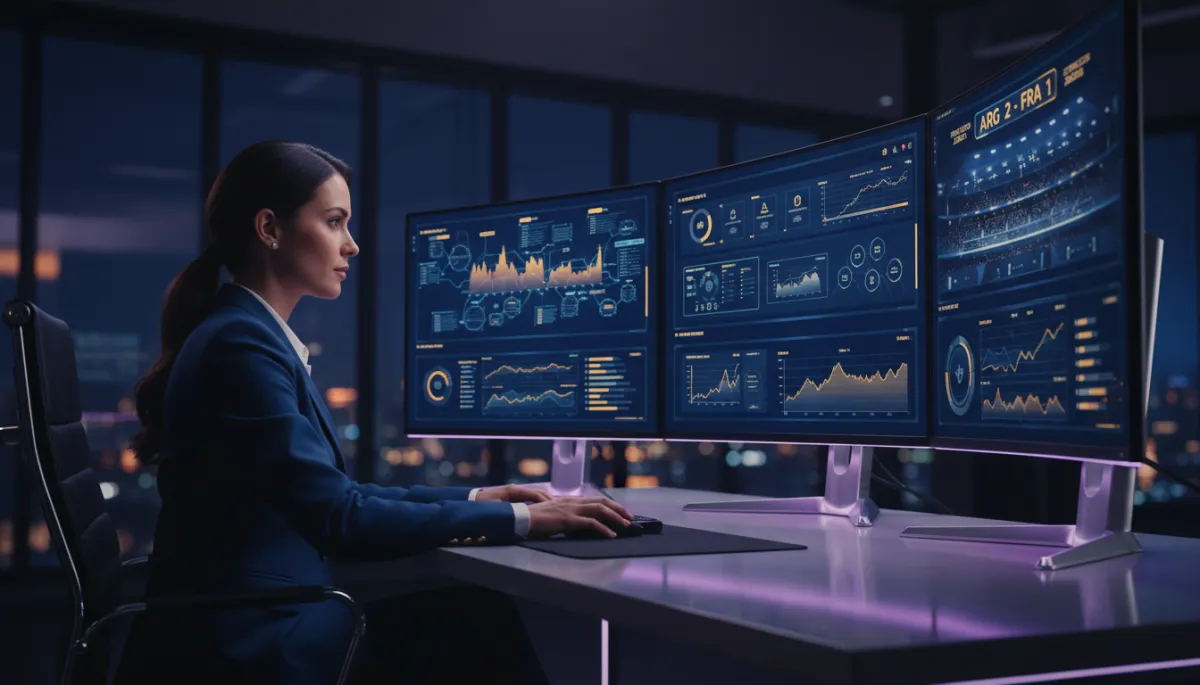 photorealistic, cinematic, modern scene of a confident local entrepreneur in a sleek office at night, multiple ultra-wide monitors showing AI dashboards, automated marketing stats, and live FIFA World Cup 2026 match scores in the corner; subtle purple accent lighting on desk accessories and screen highlights