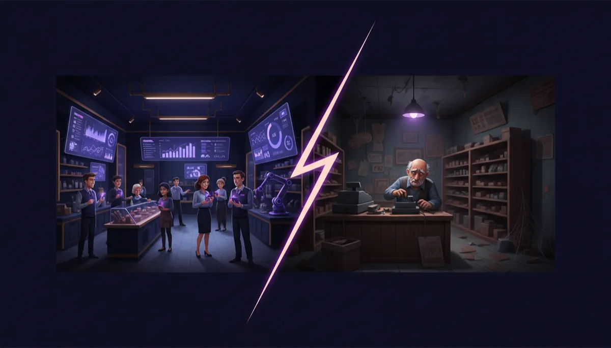 dramatic, split-screen concept in dark, cinematic, high-contrast style with subtle purple accent only; left side shows a thriving modern AI-powered local business with digital dashboards, happy customers, and efficient staff; right side shows a struggling traditional business with empty aisles, stressed owner, and outdated tools