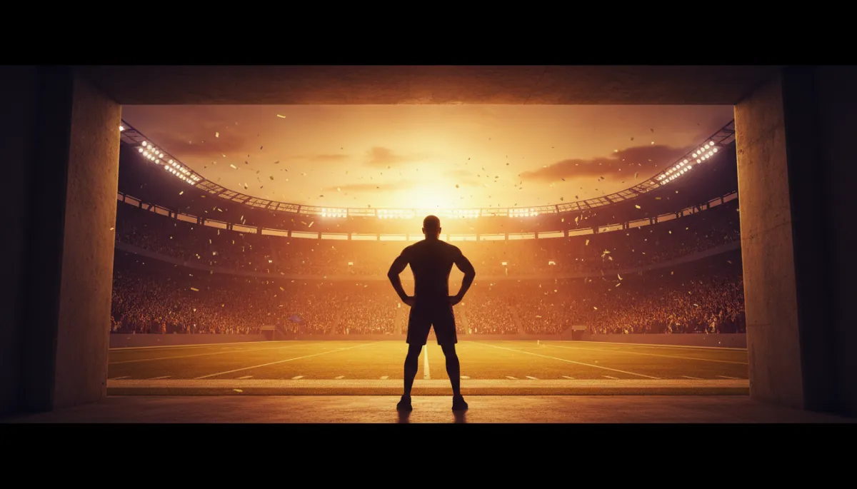 cinematic inspirational golden-hour shot of a lone athlete in silhouette standing at the edge of a stadium tunnel, looking out at a roaring crowd and sunlit field, subtle purple accent in stadium lighting