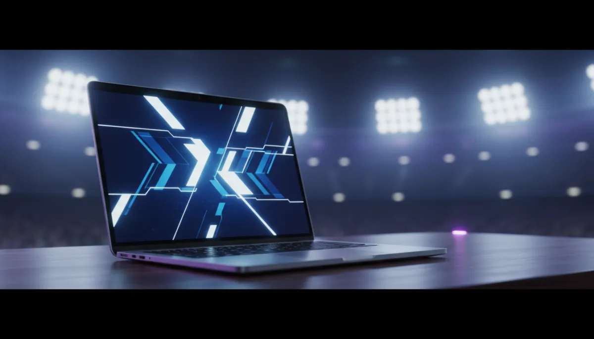 cinematic modern sleek professional scene of a laptop on a dark wooden desk showing bold, high-converting ad copy on screen, subtle purple accent lights in the background, blurred stadium-style lights suggesting World Cup energy