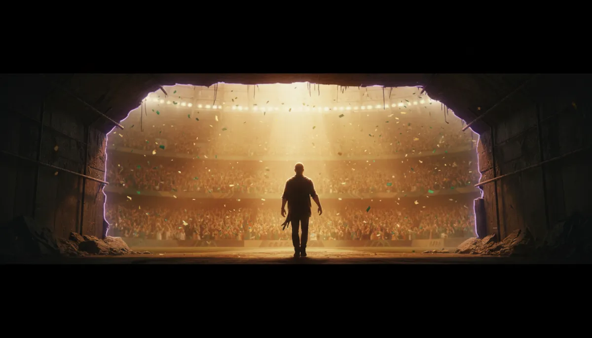 cinematic emotional aspirational scene of a lone figure walking from a dark tunnel into golden stadium light, subtle purple accent glow along the tunnel edges, split-feel of struggle in shadows and success in the light, photorealistic style