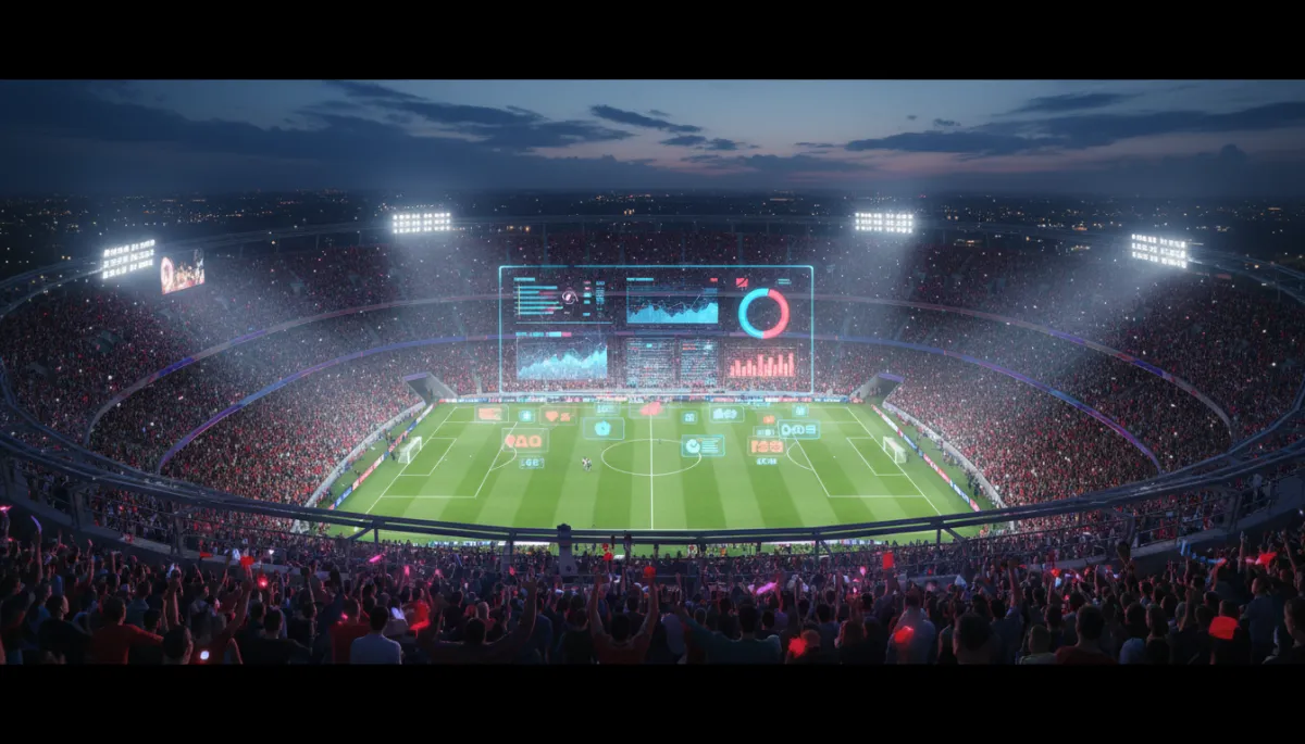 cinematic bold global scale aerial view of a packed World Cup stadium at night with a transparent business analytics dashboard and social media metrics floating above the pitch, subtle purple accent lighting in the stands
