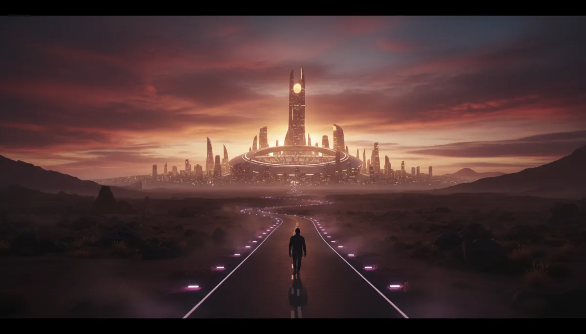 epic cinematic sweeping aspirational scene of a lone figure walking a long road at dawn toward a glowing city and massive stadium on the horizon, subtle purple accent lights along the road, photorealistic style