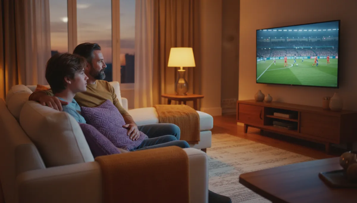 photorealistic warm-toned living room at dusk, a dad and teenage son sitting close together on a couch watching a soccer match on TV, soft lamp light, subtle purple accent throw pillow, expressions of connection and calm focus