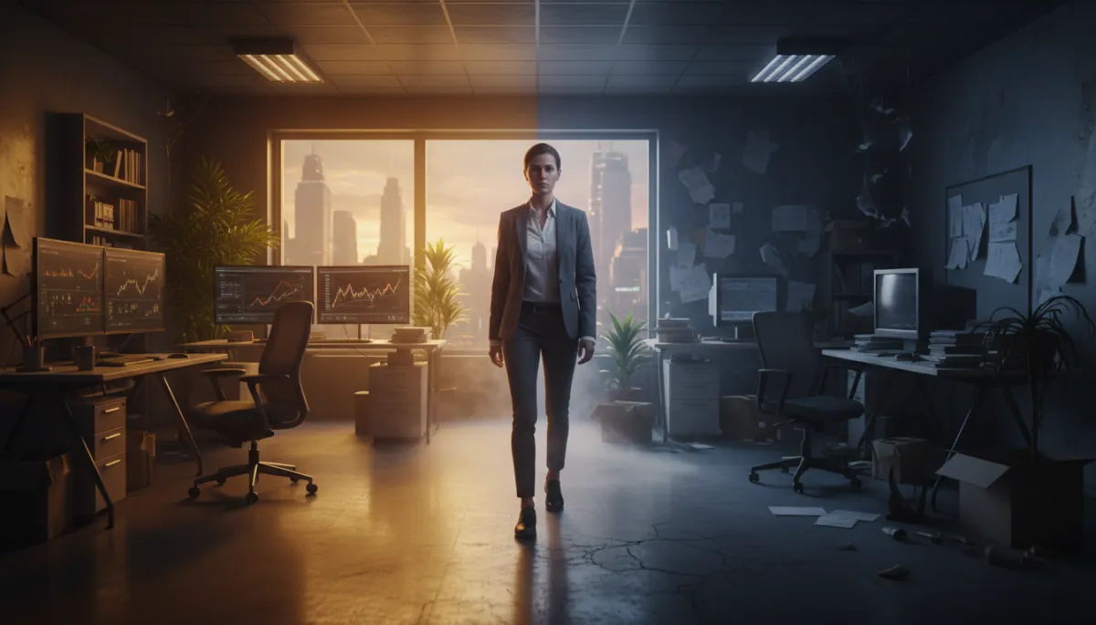 cinematic symbolic dual-timeline split-path, one side a thriving modern entrepreneur workspace bathed in warm golden light with subtle purple accent highlights, the other side a dark cluttered stagnant office with cold shadows, central figure standing at the fork in the path looking forward
