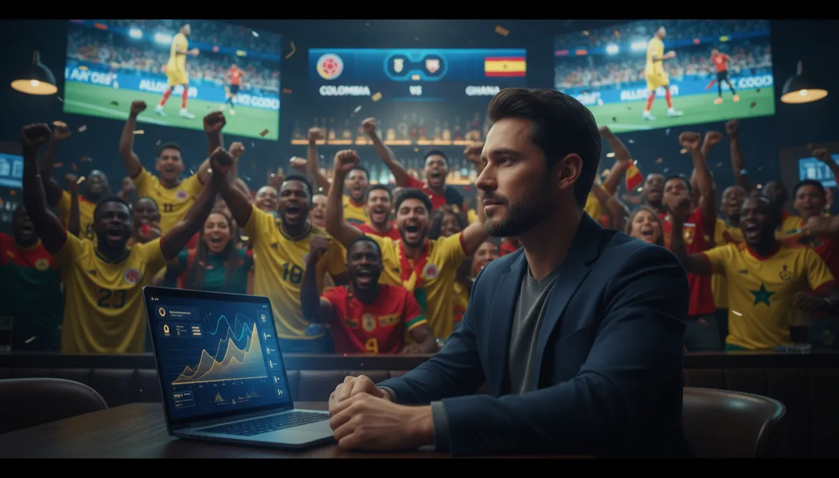 cinematic photorealistic editorial wide shot inside a packed sports bar during Colombia vs Ghana World Cup 2026, giant screens glowing blue and gold, fans in yellow Colombia jerseys and Ghana colors erupting as a goal is scored, but in the foreground one calm professional in a dark blazer glances from the match to a sleek laptop dashboard showing AI-generated income graphs and notifications