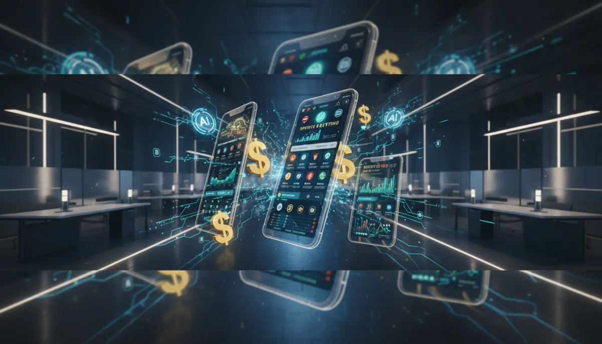 photorealistic professional tech environment with floating smartphone and tablet screens showing futuristic sports betting dashboards, glowing gold and green money symbols, blue AI circuit icons and data streams on dark background, modern office elements with no people