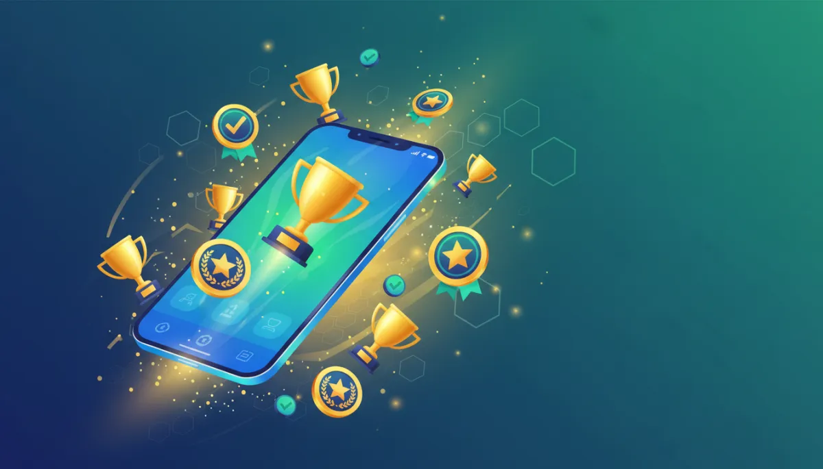 clean, modern digital dashboard style illustration in gold, blue, and green tones, showing a glowing mobile app interface launching upward with trophy icons and digital achievement badges floating around, success/milestone energy — trophy icons, app launch screens, digital achievement badges, glowing app interfaces