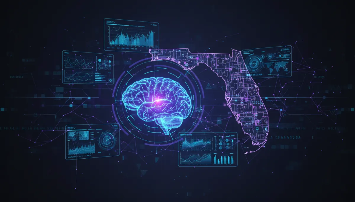 photorealistic dark tech background showing a glowing AI blueprint and circuit-board style map of Florida, holographic data dashboards and network lines with subtle purple accent lighting, no humans, high-resolution futuristic feel