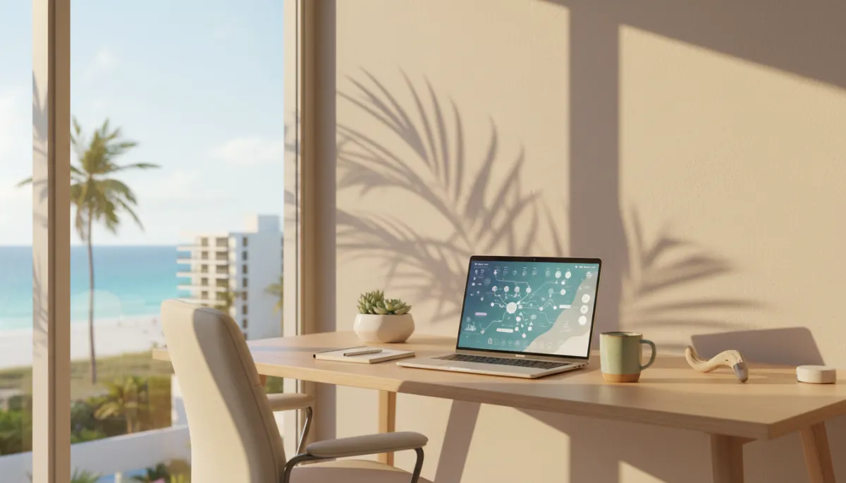 photorealistic warm sunlit Florida coastal workspace with laptop showing abstract AI dashboard, palm tree shadows on wall, soft golden light, no people, modern clean office desk with subtle teal and sand tones