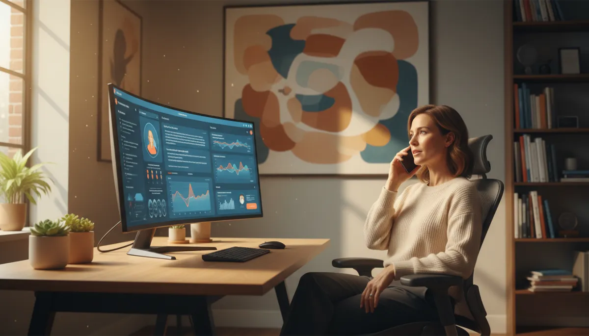 photorealistic modern small business office with a business owner on the phone while an AI-powered call dashboard glows on a nearby monitor, warm natural light, no purple tones