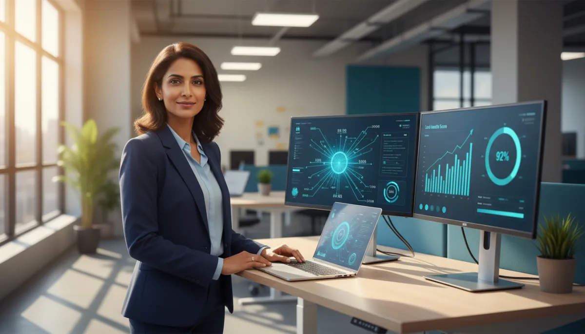 photorealistic scene of confident entrepreneur in modern office reviewing AI lead dashboard on laptop, multiple monitors showing charts and lead scores, warm natural daylight, blue and teal accents, no purple, professional business setting