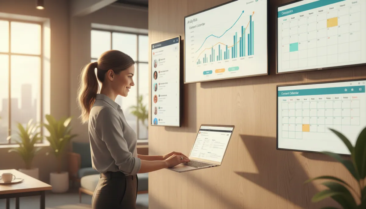 photorealistic modern coworking space with confident entrepreneur at laptop surrounded by multiple screens showing content calendars, analytics charts, and social feeds, warm natural light, no purple tones