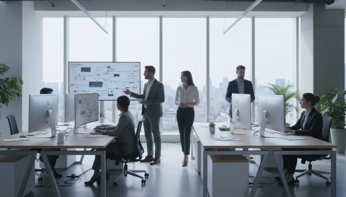 photorealistic wide shot of a modern bright office with multiple screens showing AI-powered dashboards and automated workflows running, diverse small business team calmly reviewing metrics instead of doing manual tasks, cool neutral colors with blue accents, no purple, no text on screens