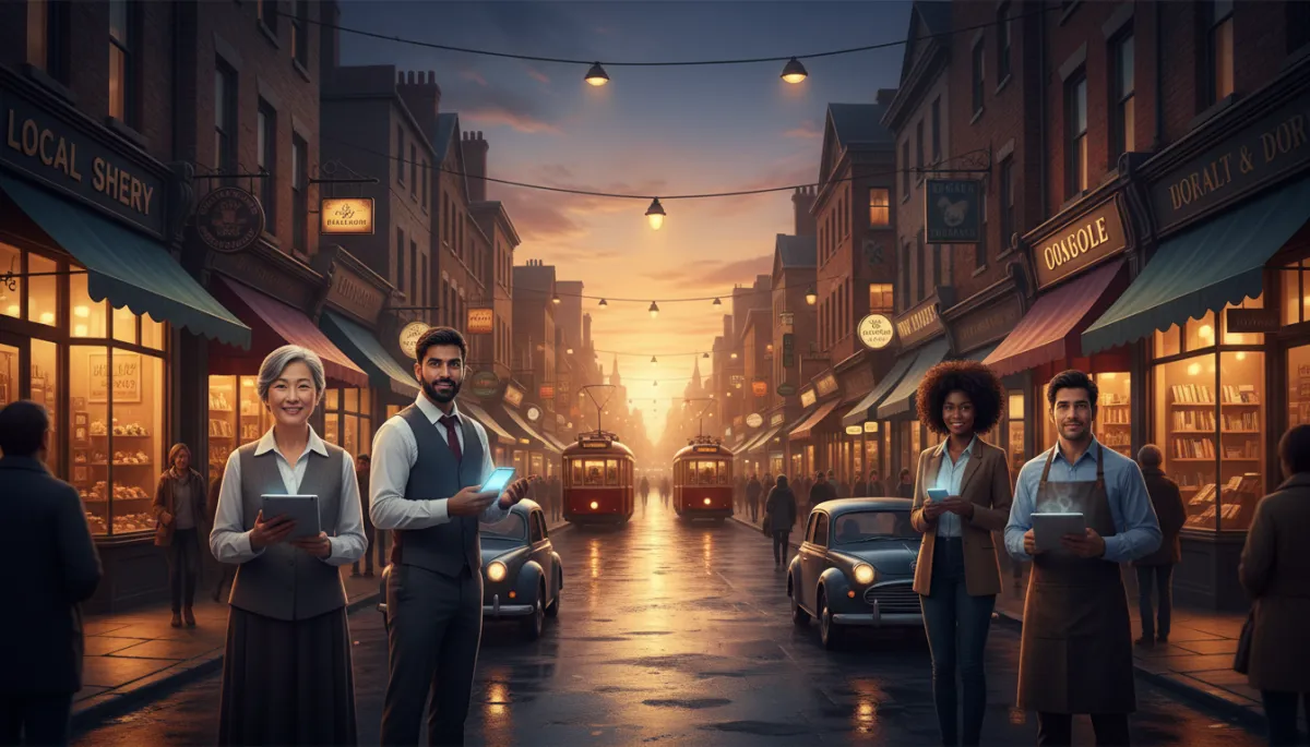 photorealistic busy main street with diverse local shop owners standing confidently outside their storefronts at dusk, warm lighting from windows, subtle tech glow from tablets and phones in their hands, no purple tones