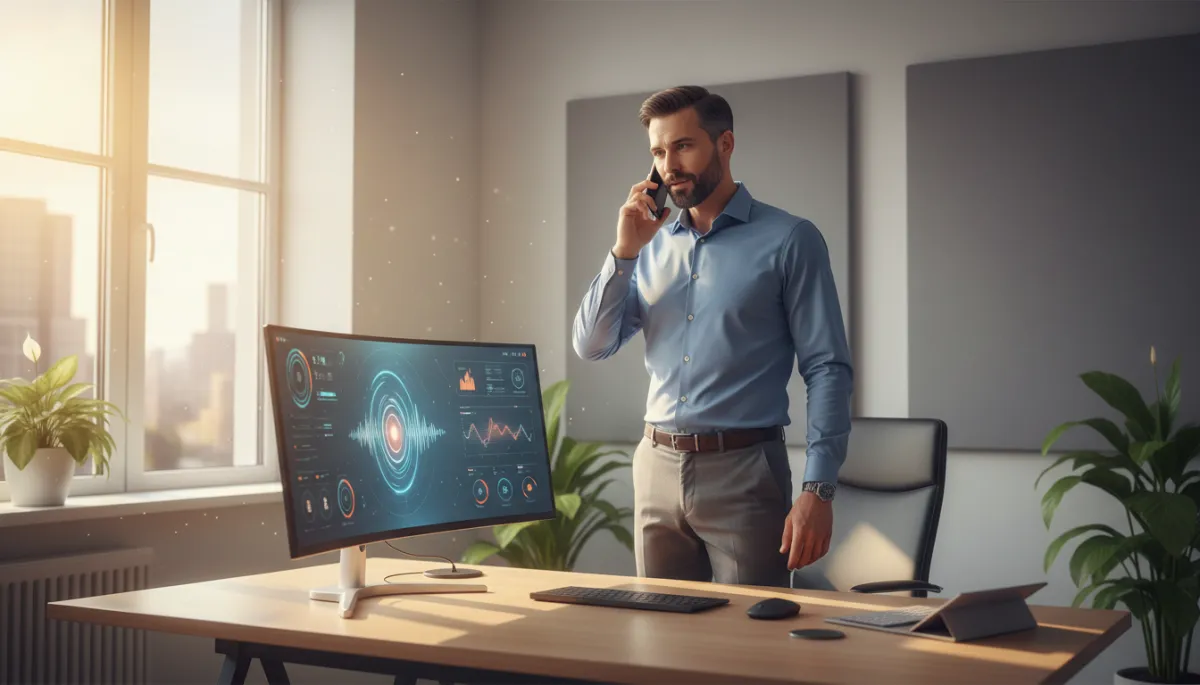 photorealistic modern small business office with a business owner speaking on a smartphone while an AI-powered voice dashboard glows on a nearby monitor, warm natural light, sleek tech-focused environment, no purple dominance