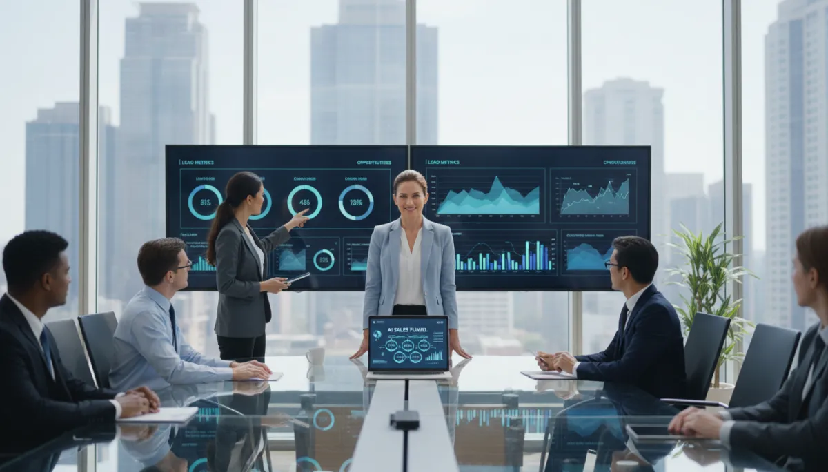 photorealistic wide shot of a confident entrepreneur standing at the head of a modern glass-walled office conference table, laptop open showing an AI sales funnel dashboard, diverse team reviewing lead metrics on large wall screens, cool blues and neutral tones, bright daylight, no purple dominance