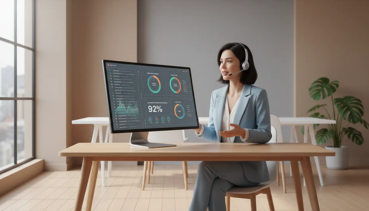 photorealistic neutral-toned modern small business office, owner wearing headset speaking while an AI dashboard on a computer screen shows live call transcripts and analytics, soft natural lighting, professional atmosphere