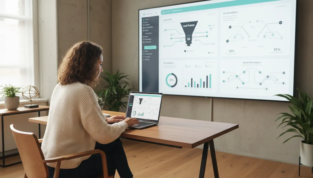 photorealistic neutral-toned modern small business office, entrepreneur reviewing AI analytics dashboard on laptop, large screen showing lead funnel metrics and automation workflows, soft natural lighting