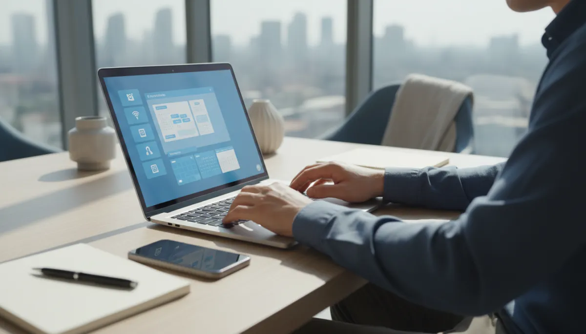 photorealistic wide shot of an entrepreneur working at a sleek laptop in a bright modern office, relaxed posture, tidy desk with notebook and phone, AI scheduling dashboard glowing softly on the screen, neutral colors with blue accents, no visible faces, focus on hands and workspace