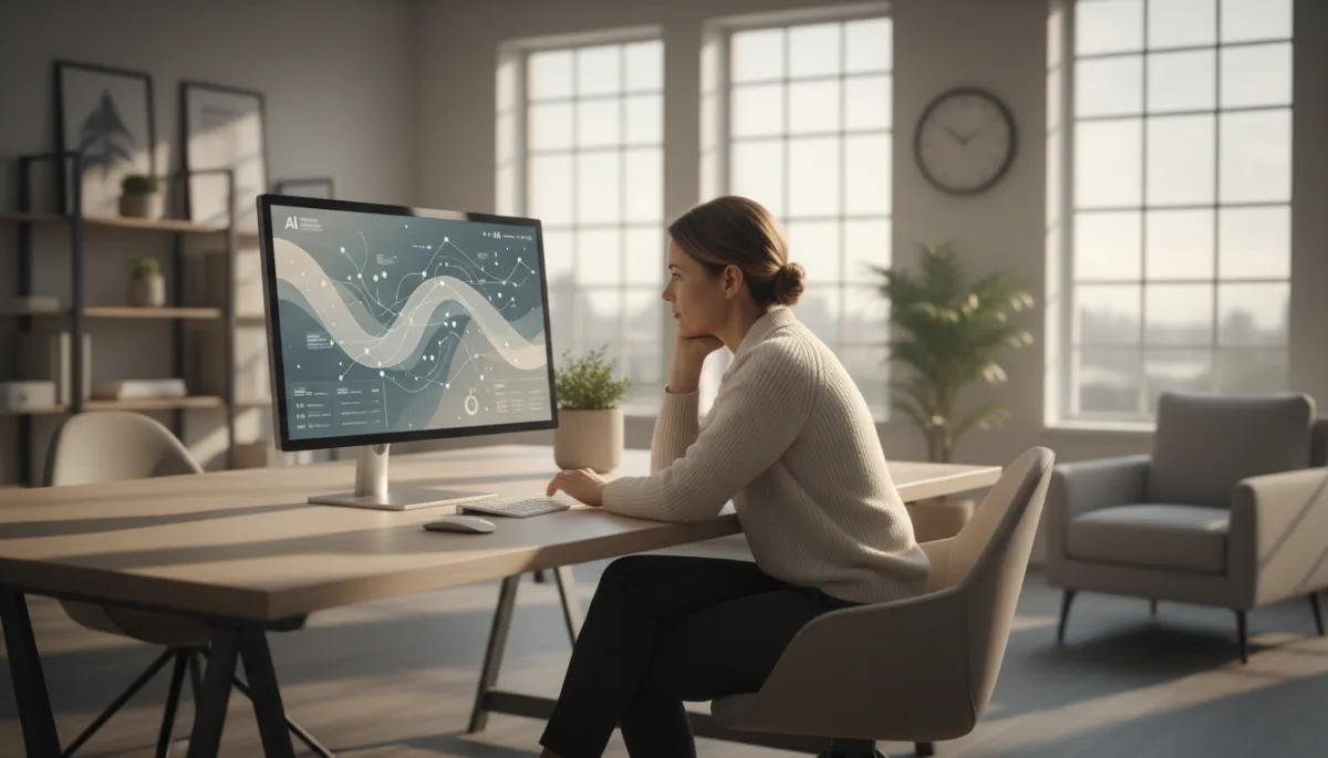 photorealistic neutral-toned office with a small business owner reviewing AI analytics dashboard on a large monitor, late-afternoon natural light, calm professional atmosphere