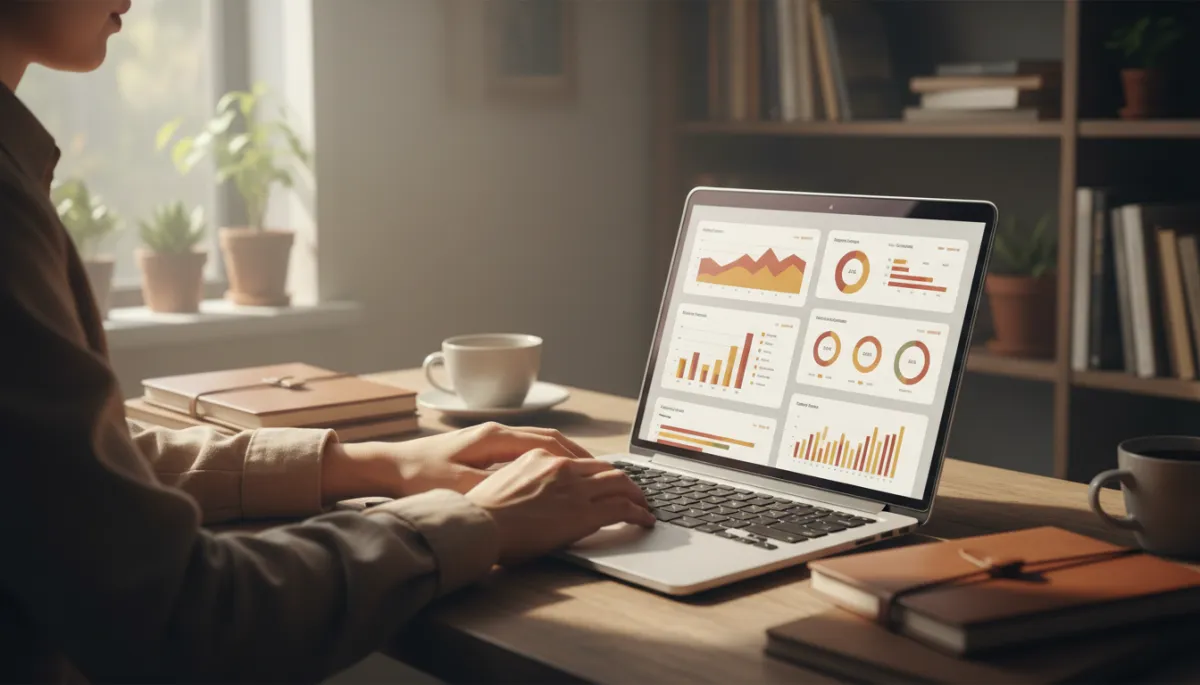 photorealistic warm-toned scene of a local business owner in a cozy shop office, hands on a laptop showing marketing analytics dashboards and social media metrics, soft natural light from a window, no visible faces, subtle branded colors on charts