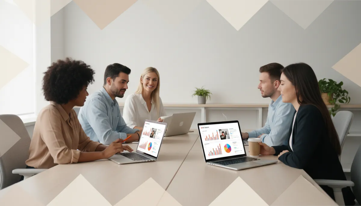photorealistic neutral‑toned modern small business office, diverse entrepreneur team gathered around laptops reviewing AI marketing dashboards with charts and email campaigns, soft natural light, clean professional look