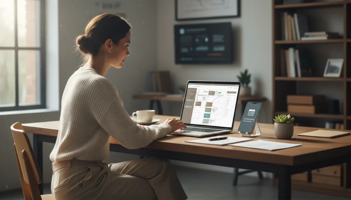 photorealistic neutral-toned scene of a local business owner in a modern office reviewing an AI-powered calendar dashboard on a laptop, smartphone on the desk showing online booking notifications, soft natural light, calm professional atmosphere