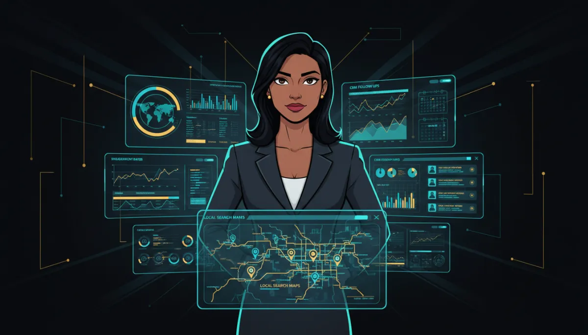 Bold dark editorial illustration of a confident professional animated Brazilian woman in a sleek charcoal office, multiple holographic AI dashboards glowing in cyan and gold around her showing marketing analytics, CRM follow-ups, and local search maps of South Florida; overall black/charcoal base with sharp cyan and gold accents, no purple