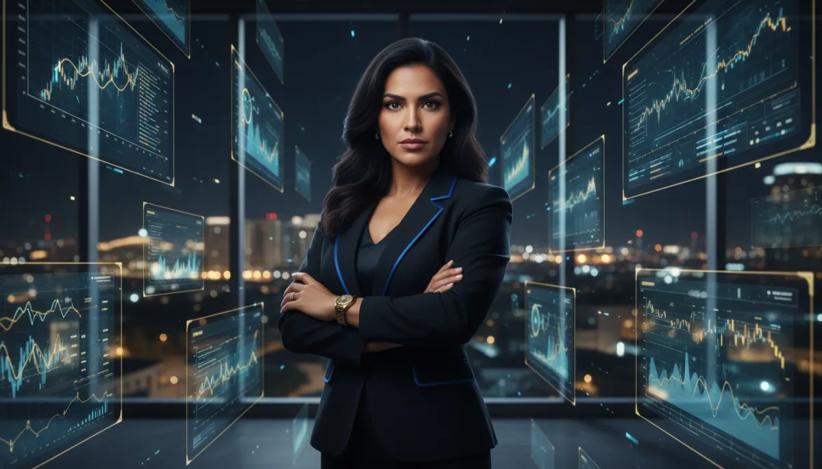 bold dark editorial photorealistic scene, confident animated Latina entrepreneur in a sharp blazer standing in a modern Doral office at night, city lights glowing outside, black and charcoal base with electric blue and gold accents on holographic-style AI dashboards and charts around her, no purple anywhere