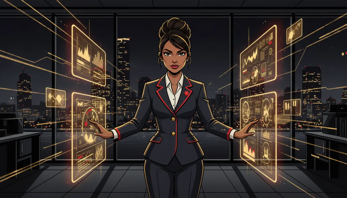 bold dark editorial illustration of a confident animated Latina entrepreneur standing in a sleek charcoal office overlooking the Miami skyline at night, gold and red accents glowing from AI data holograms and digital dashboards around her, no purple anywhere