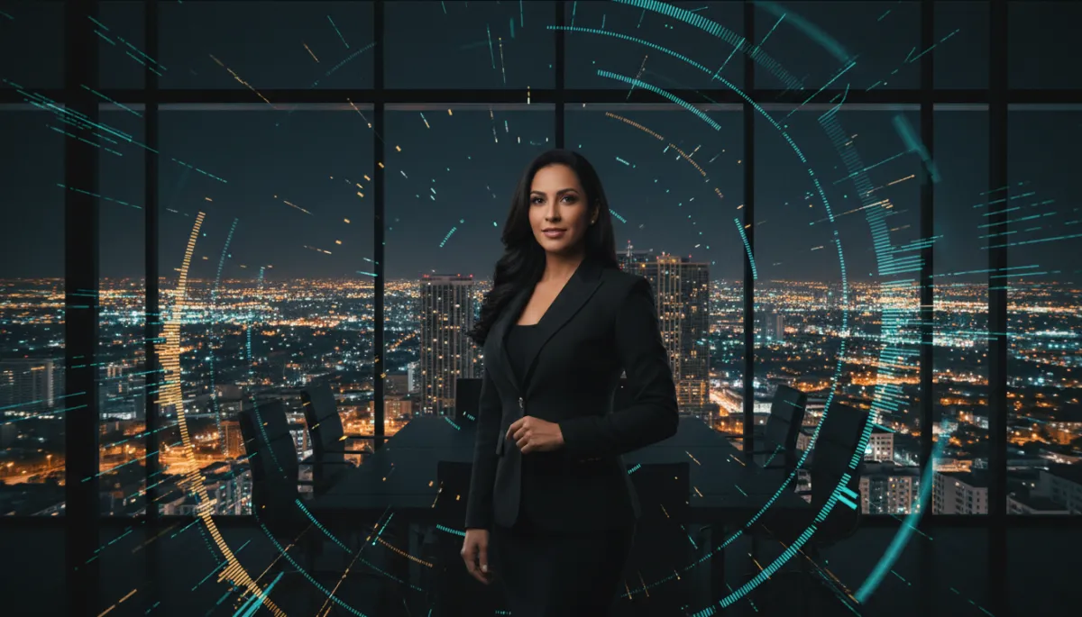 bold dark editorial scene, proud animated Puerto Rican woman in a sharp blazer standing in a glass-walled Miami high-rise conference room at night, city lights glowing, black and charcoal base with cyan and gold data lines and charts floating around her, no purple tones