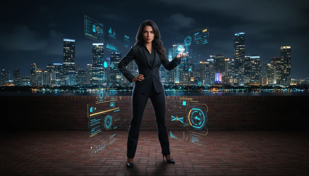 bold dark editorial photorealistic scene of a confident animated Latina entrepreneur standing on a Brickell balcony at night, overlooking Miami’s glowing skyline; black and charcoal base with sharp gold and electric blue accents in city lights and UI-style holographic AI graphics around her, powerful cinematic lighting